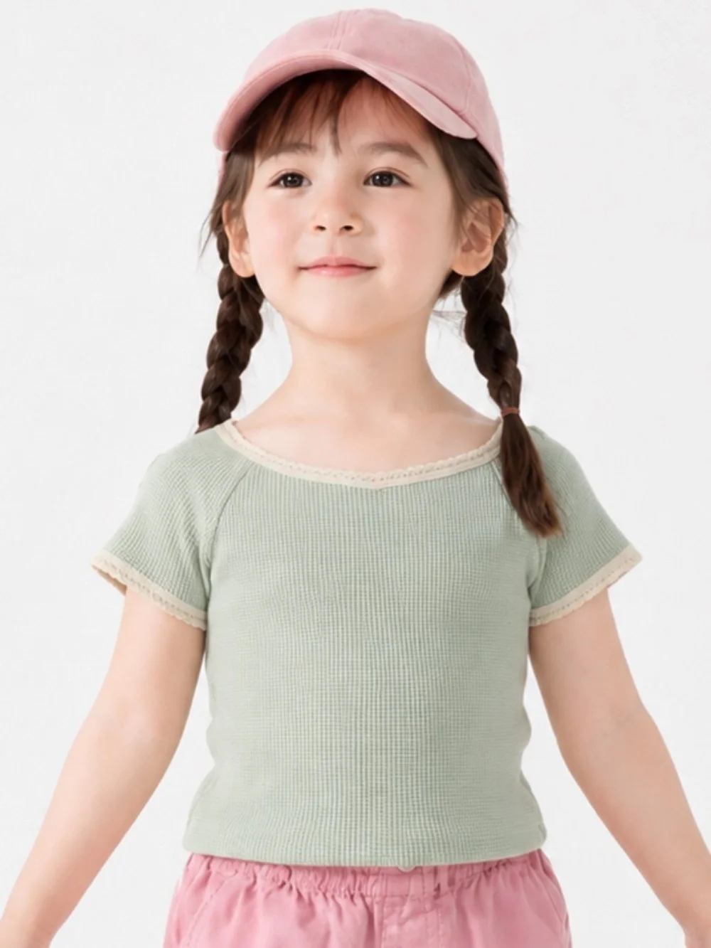 Art Class Girls Green Waffle Knit Lace Trim Top | Size XS | NWT